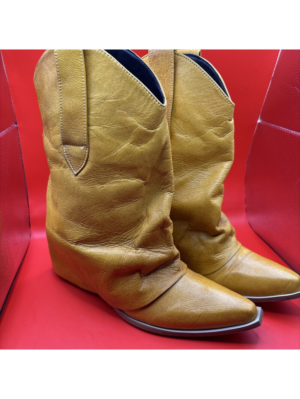 Vintage Style Mustard Yellow Leather Cowboy Boots
